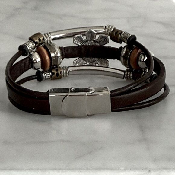 Evil Eye Cuff Bracelet – 8” Brown Leather Boho Style - Picture 7 of 9